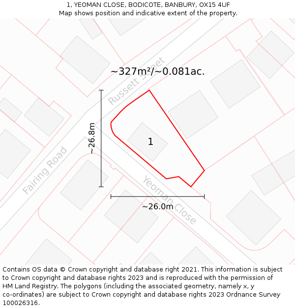 1, YEOMAN CLOSE, BODICOTE, BANBURY, OX15 4UF: Plot and title map