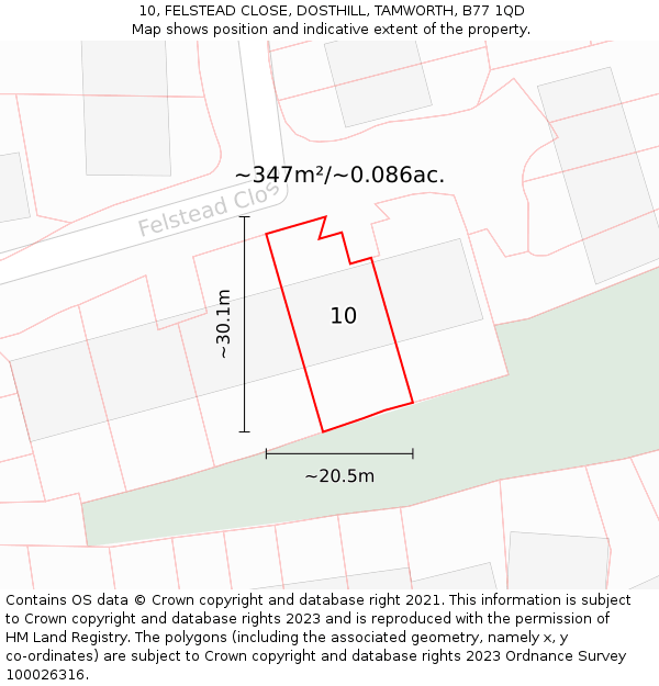 10, FELSTEAD CLOSE, DOSTHILL, TAMWORTH, B77 1QD: Plot and title map
