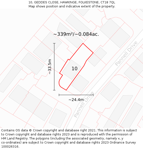 10, GEDDES CLOSE, HAWKINGE, FOLKESTONE, CT18 7QL: Plot and title map