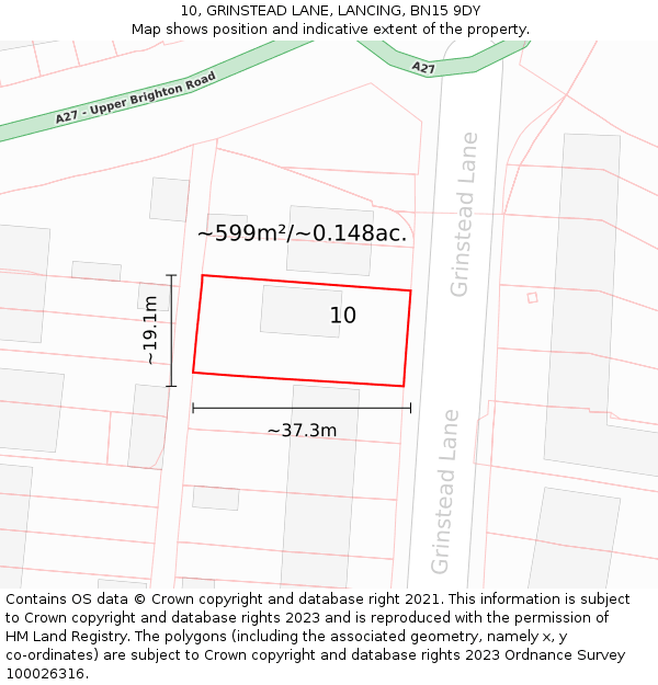 10, GRINSTEAD LANE, LANCING, BN15 9DY: Plot and title map
