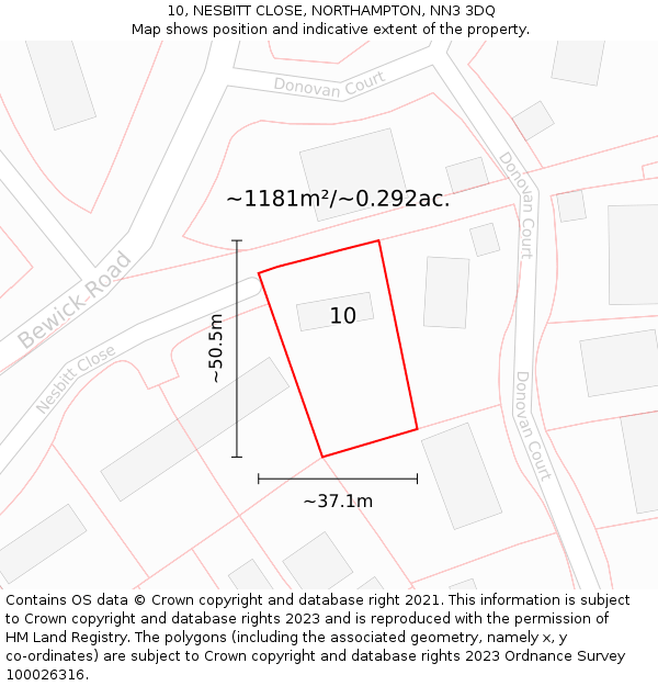 10, NESBITT CLOSE, NORTHAMPTON, NN3 3DQ: Plot and title map
