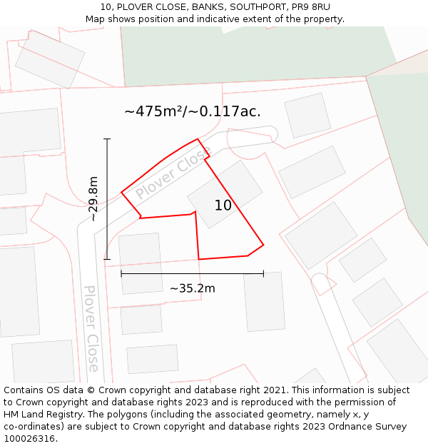 10, PLOVER CLOSE, BANKS, SOUTHPORT, PR9 8RU: Plot and title map