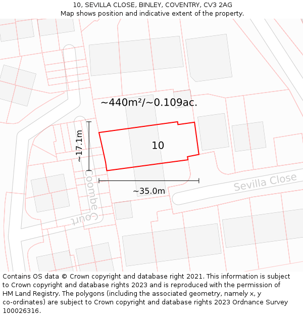 10, SEVILLA CLOSE, BINLEY, COVENTRY, CV3 2AG: Plot and title map