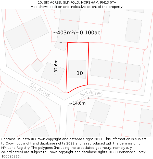 10, SIX ACRES, SLINFOLD, HORSHAM, RH13 0TH: Plot and title map