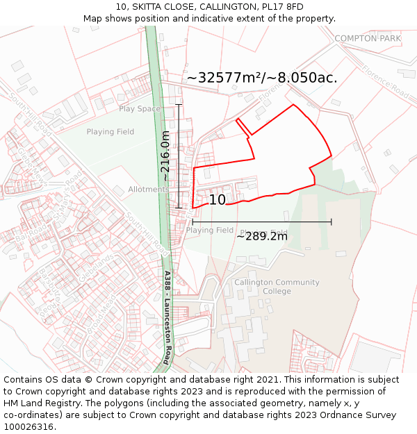 10, SKITTA CLOSE, CALLINGTON, PL17 8FD: Plot and title map