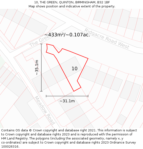 10, THE GREEN, QUINTON, BIRMINGHAM, B32 1BF: Plot and title map