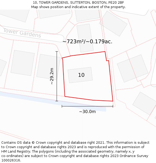 10, TOWER GARDENS, SUTTERTON, BOSTON, PE20 2BF: Plot and title map