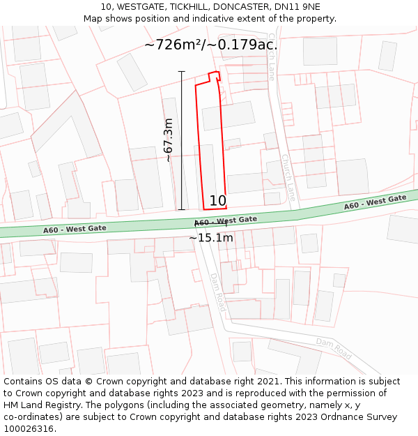10, WESTGATE, TICKHILL, DONCASTER, DN11 9NE: Plot and title map