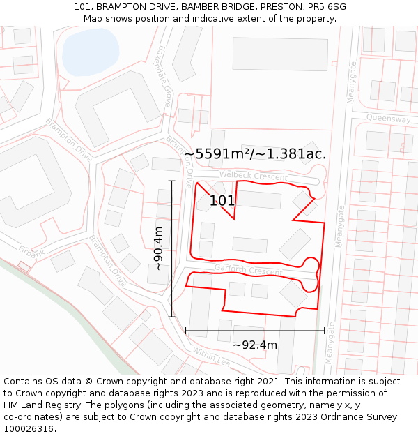 101, BRAMPTON DRIVE, BAMBER BRIDGE, PRESTON, PR5 6SG: Plot and title map