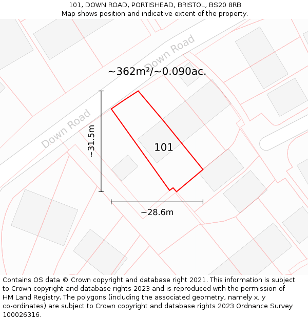101, DOWN ROAD, PORTISHEAD, BRISTOL, BS20 8RB: Plot and title map