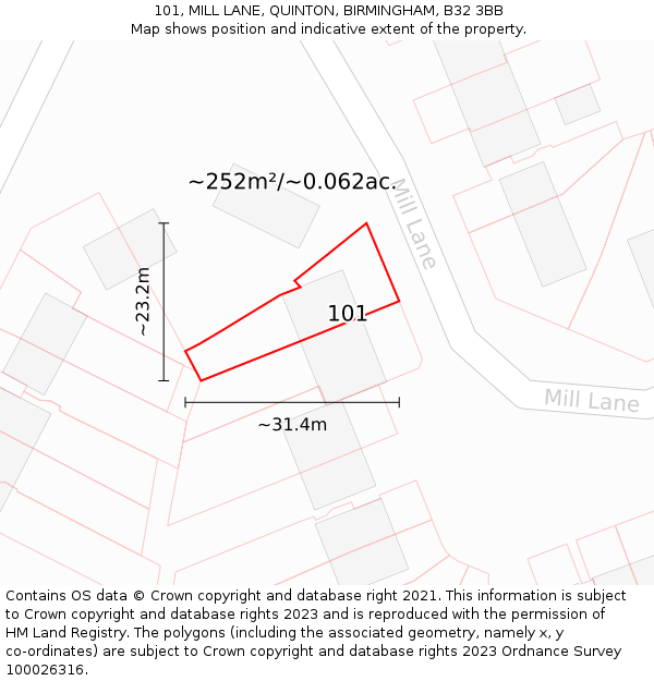 101, MILL LANE, QUINTON, BIRMINGHAM, B32 3BB: Plot and title map