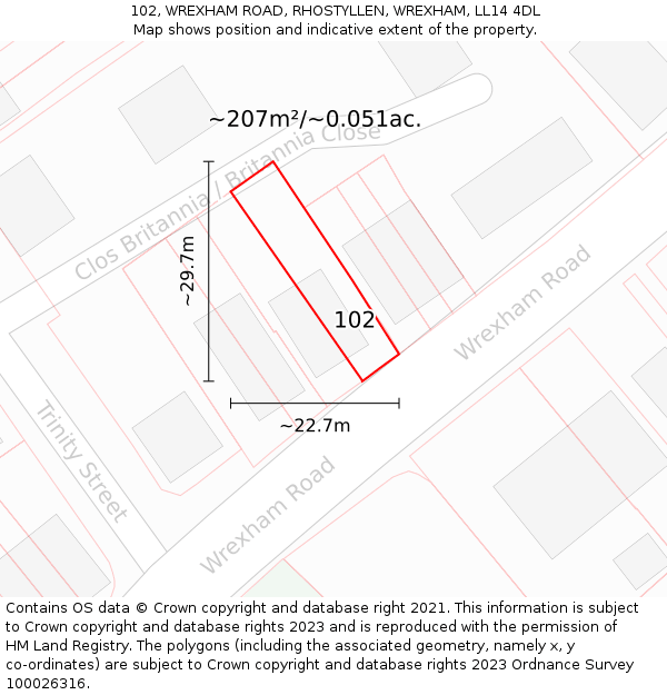102, WREXHAM ROAD, RHOSTYLLEN, WREXHAM, LL14 4DL: Plot and title map