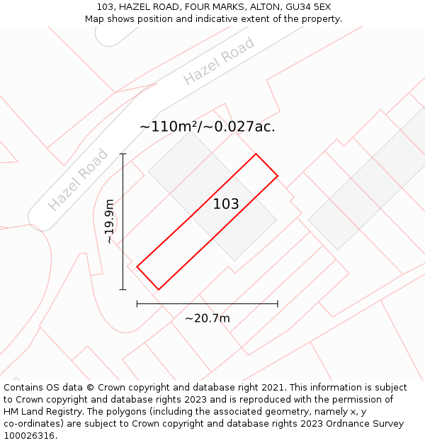 103, HAZEL ROAD, FOUR MARKS, ALTON, GU34 5EX: Plot and title map