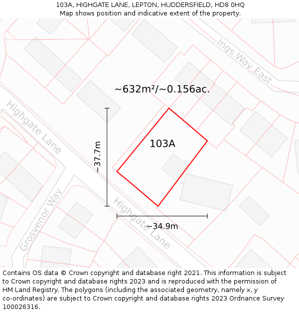 103A, HIGHGATE LANE, LEPTON, HUDDERSFIELD, HD8 0HQ: Plot and title map