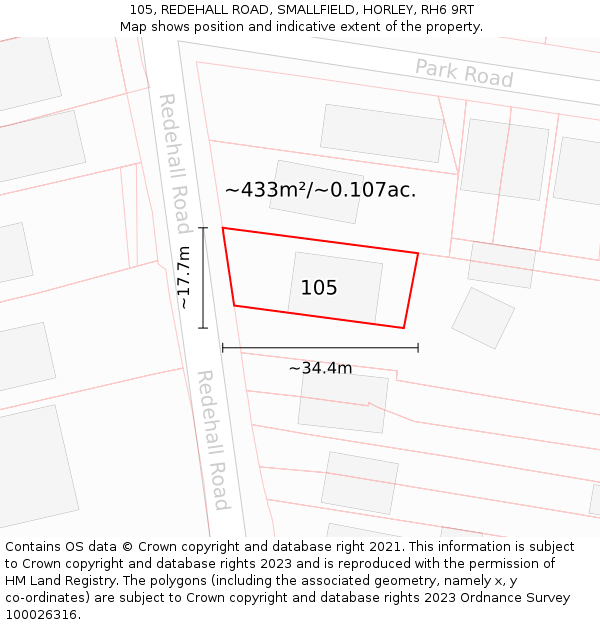 105, REDEHALL ROAD, SMALLFIELD, HORLEY, RH6 9RT: Plot and title map