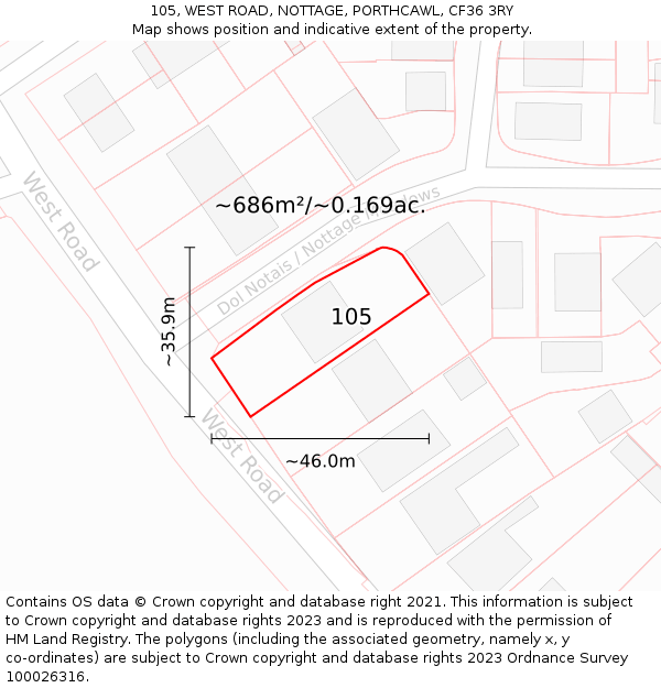 105, WEST ROAD, NOTTAGE, PORTHCAWL, CF36 3RY: Plot and title map