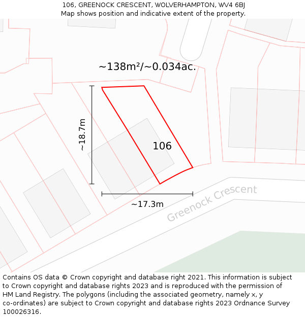 106, GREENOCK CRESCENT, WOLVERHAMPTON, WV4 6BJ: Plot and title map