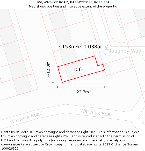 106, WARWICK ROAD, BASINGSTOKE, RG23 8EA: Plot and title map