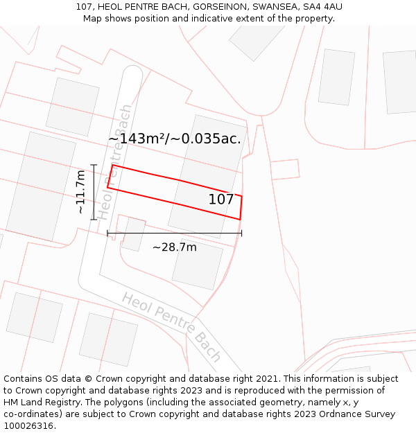 107, HEOL PENTRE BACH, GORSEINON, SWANSEA, SA4 4AU: Plot and title map