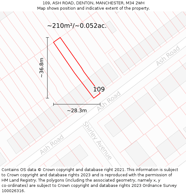 109, ASH ROAD, DENTON, MANCHESTER, M34 2WH: Plot and title map