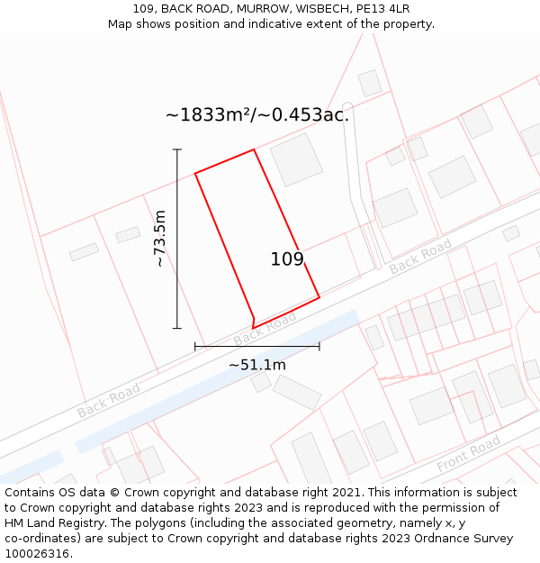 109, BACK ROAD, MURROW, WISBECH, PE13 4LR: Plot and title map