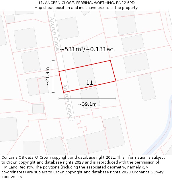 11, ANCREN CLOSE, FERRING, WORTHING, BN12 6PD: Plot and title map