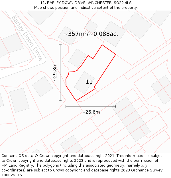 11, BARLEY DOWN DRIVE, WINCHESTER, SO22 4LS: Plot and title map