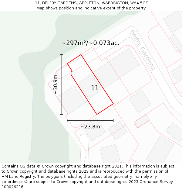 11, BELFRY GARDENS, APPLETON, WARRINGTON, WA4 5GS: Plot and title map