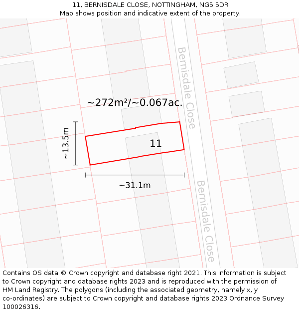 11, BERNISDALE CLOSE, NOTTINGHAM, NG5 5DR: Plot and title map
