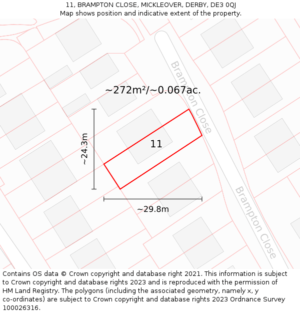 11, BRAMPTON CLOSE, MICKLEOVER, DERBY, DE3 0QJ: Plot and title map