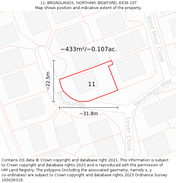 11, BROADLANDS, NORTHAM, BIDEFORD, EX39 1ST: Plot and title map