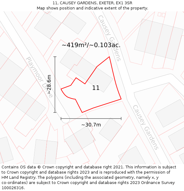 11, CAUSEY GARDENS, EXETER, EX1 3SR: Plot and title map