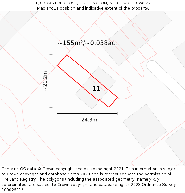 11, CROWMERE CLOSE, CUDDINGTON, NORTHWICH, CW8 2ZF: Plot and title map