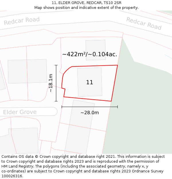 11, ELDER GROVE, REDCAR, TS10 2SR: Plot and title map