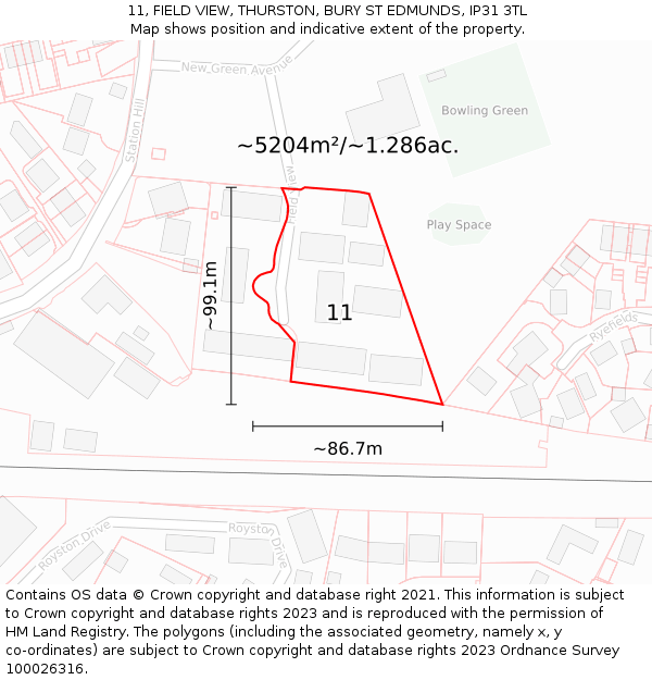 11, FIELD VIEW, THURSTON, BURY ST EDMUNDS, IP31 3TL: Plot and title map