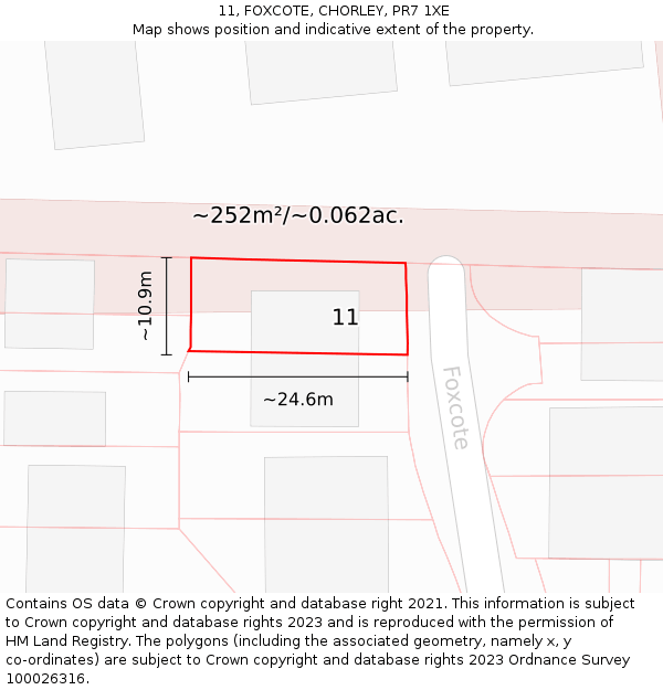 11, FOXCOTE, CHORLEY, PR7 1XE: Plot and title map