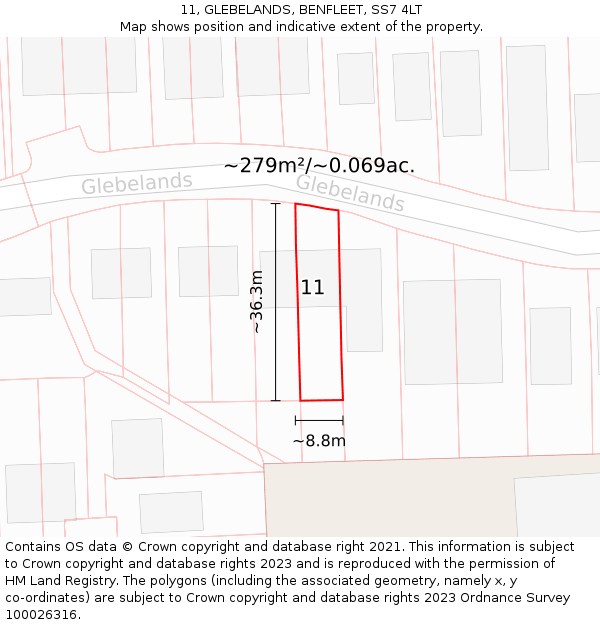 11, GLEBELANDS, BENFLEET, SS7 4LT: Plot and title map