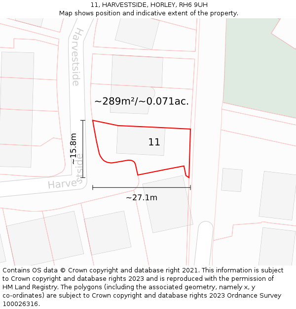 11, HARVESTSIDE, HORLEY, RH6 9UH: Plot and title map