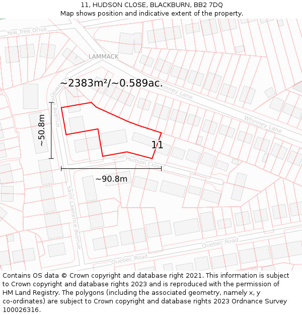 11, HUDSON CLOSE, BLACKBURN, BB2 7DQ: Plot and title map