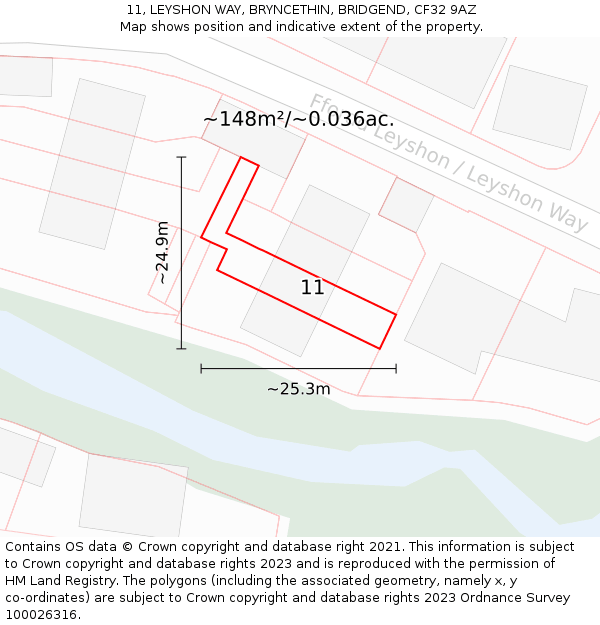11, LEYSHON WAY, BRYNCETHIN, BRIDGEND, CF32 9AZ: Plot and title map
