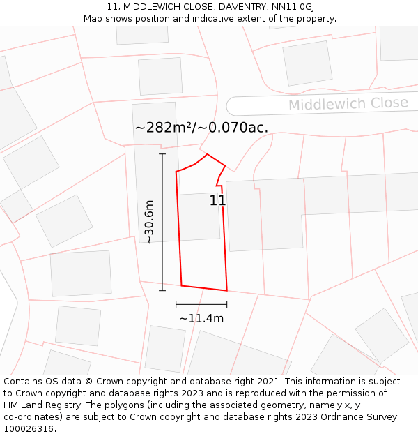 11, MIDDLEWICH CLOSE, DAVENTRY, NN11 0GJ: Plot and title map