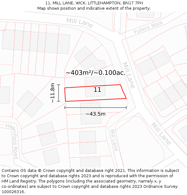 11, MILL LANE, WICK, LITTLEHAMPTON, BN17 7PH: Plot and title map