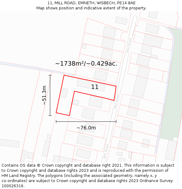 11, MILL ROAD, EMNETH, WISBECH, PE14 8AE: Plot and title map