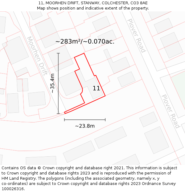 11, MOORHEN DRIFT, STANWAY, COLCHESTER, CO3 8AE: Plot and title map