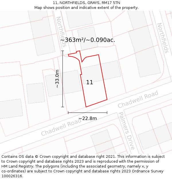 11, NORTHFIELDS, GRAYS, RM17 5TN: Plot and title map