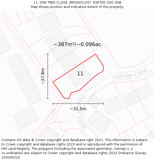 11, OAK TREE CLOSE, BROADCLYST, EXETER, EX5 3NB: Plot and title map