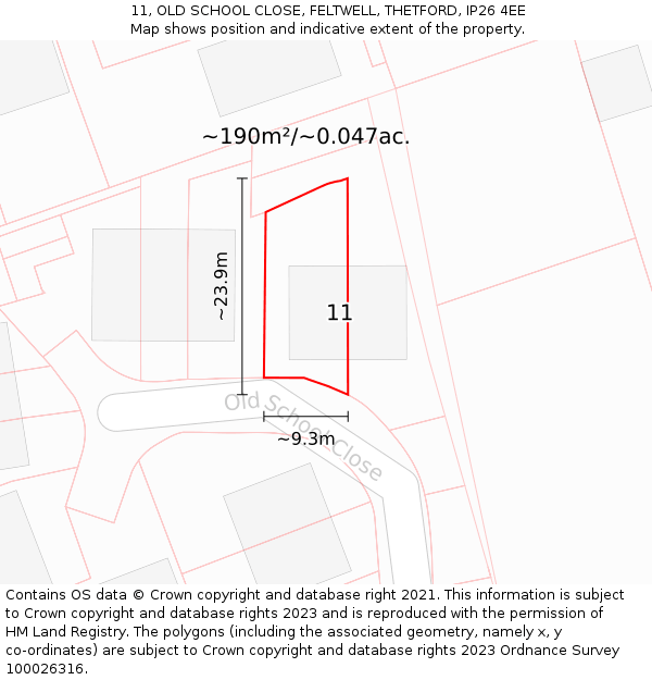 11, OLD SCHOOL CLOSE, FELTWELL, THETFORD, IP26 4EE: Plot and title map