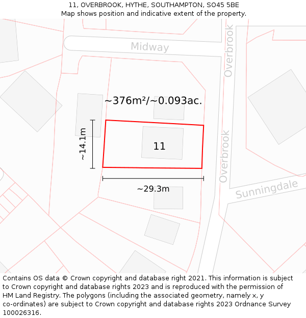11, OVERBROOK, HYTHE, SOUTHAMPTON, SO45 5BE: Plot and title map