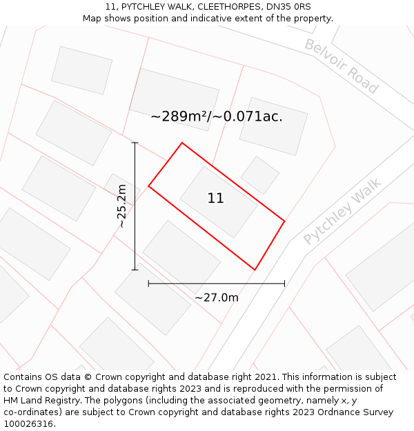 11, PYTCHLEY WALK, CLEETHORPES, DN35 0RS: Plot and title map
