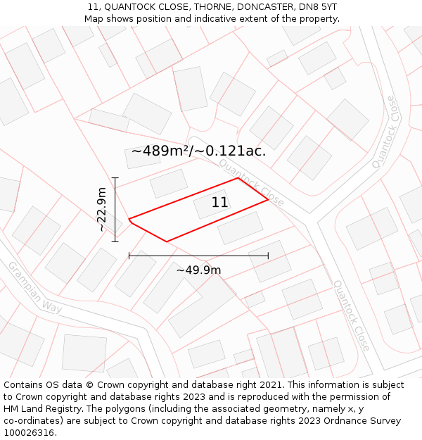 11, QUANTOCK CLOSE, THORNE, DONCASTER, DN8 5YT: Plot and title map